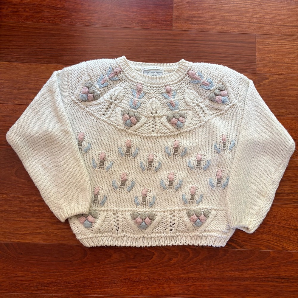 Nuggets Womens Vintage Hand Knit Floral Popcorn Sweater L Cream Pastel 80s 90s